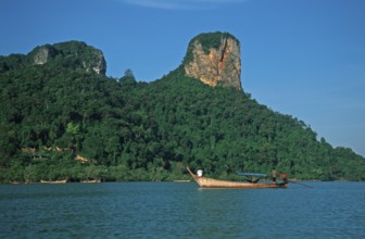 Mountains, sea, longtail boat, two years in front of the tsunami, Railay East, Krabi, Thailand,