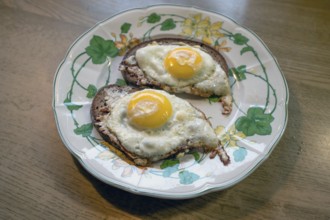 Two fried eggs served on bread on a plate, Bavaria, Germany