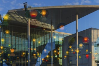 Artistic lamp installation with window reflection of the Marie-Elisabeth-Lüders House, art,