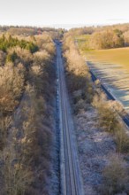 Railway lines extend through a forest with trees covered in frost under clear skies, construction