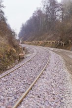 Curvy train tracks meander through a wooded, quiet landscape, built by the Hermann Hesse Railway,