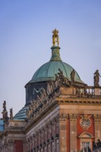 Figures and statues at the new palace in Sanssouci Park in the evening light, Potsdam