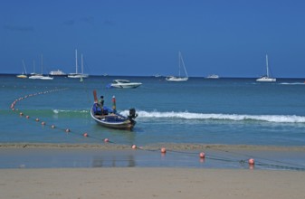 Longtail boat and yachts on Patong Beach, Ko Phuket, two years in front of the tsunami, Thailand,