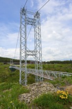 A modern suspension bridge over a green landscape with wildflowers, diamond bridge, Diamond Glass