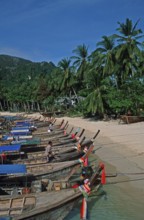 Longtail boats on Ko Phi Phi Don beach, two years in front of the tsunami, Thailand, December 2002,