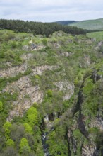 A green gorge with rocks and trees crossed by a small river under a cloudy sky, man riding a
