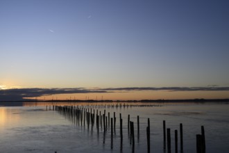 Row of posts over calm water at dusk, deep blue tones, wooden posts, boat dock posts run into the