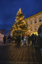 Festively illuminated Christmas tree surrounded by people in a nocturnal city atmosphere, Christmas
