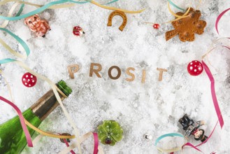 Cheers in the snow surrounded by lucky charms and champagne bottle, New Year's Eve