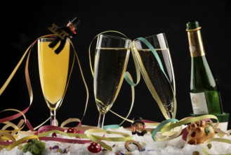 Champagne bottle, glasses with sparkling wine, streamers and lucky charms in the snow