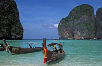 Longtail boats on Maya Bay beach, known from the movie The Beach, one year in front of the tsunami,