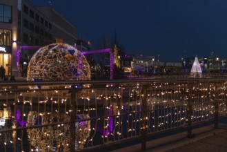 Christmas decoration in Kiel at the boat harbor, festive lighting, lights, Christmas ball, shops,
