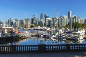 Modern buildings of vancouver reflecting in the calm waters of coal harbour, with yachts and