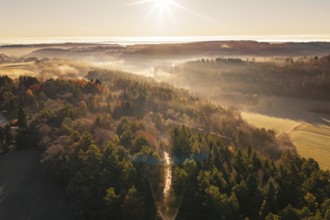 Autumn forests in fog illuminated by the rising sun over the hills, Gechingen, Calw district,