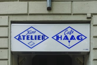 Sign, billboard, cinema studio, Cafe Haag, traditional house, writing, blue letters, Tübingen,