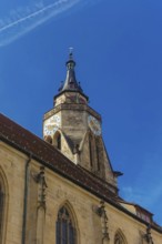 Collegiate church, church tower, clock, religious building, evangelical church, church, Tübingen,