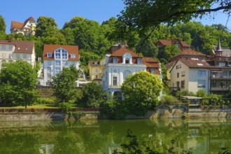 Houses in Gartenstraße, Neckar, river, flowing water, buildings, Tübingen, Baden-Württemberg,