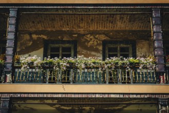 Façade with balcony and flower boxes, Lost Place, Heilstätten Beelitz, Brandenburg