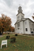 First Congregational Church of Bennington, historic church, multi-tiered bell tower, sign opened,