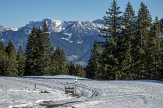 View from the high-altitude hiking trail from Bolsterlanger Horn to Riedberger Horn, snow-capped