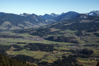 View from the Bolsterlanger Horn of villages in the Illertal and mountains of the Allgäu Alps,