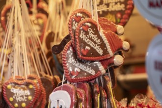 Colourful gingerbread hearts hang on the festive stands at the Stuttgart Christmas market. They are