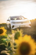 A white car is standing leaning against sunflowers at sunset, VW ID4 electric car, Deer Carsharing,
