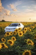 White car in a wide sunflower field at sunset, surrounded by nature and rural peace, VW ID4