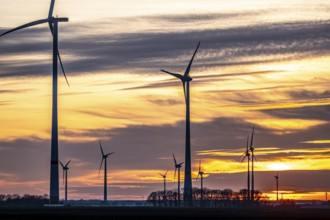 Sunset at Issum wind farm, Lower Rhine, North Rhine-Westphalia, Germany