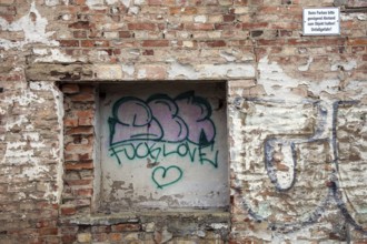 Ruined brick wall with gravity, Hanseatic City of Stralsund, Baltic Sea, Mecklenburg-Western