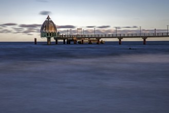 Pier with diving gondola, long exposure, Zingst, Fischland-Darß-Zingst, Western Pomerania Lagoon