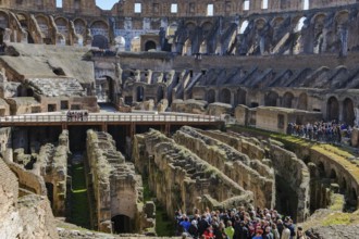 Many tourists crowd into the Colosseum looking at Hypogeum Hypogeum, Rome, Lazio, Italy