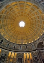 View of ancient building historic Roman temple Pantheon from bottom to top on coffered ceiling with