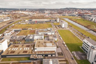 View of a new hospital with buildings and roads in an urban landscape, Böblingen, Germany