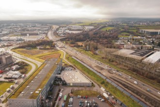 A81 and extensive landscape with roads and buildings under cloudy sky, Böblingen, Germany