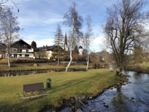 View of fish with small streams, Kirchtum in the back, Illertal, Oberallgäu, Allgäu, Bavaria,