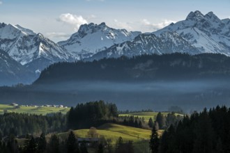 View of mountains in the Allgäu Alps from Bolsterlang, in the middle of Kratzer, Oberstdorf,