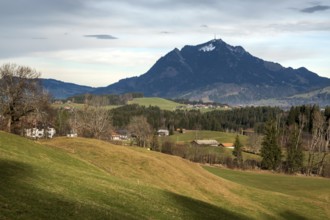 View from Bolsterlang with Grünten mountain in the background, Oberallgäu, Allgäu, Bavaria, Germany