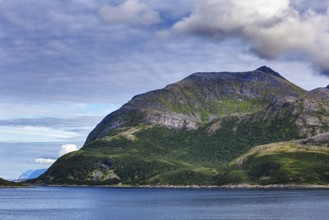 Gently rolling mountains with green forests overlook a calm sea under a clear blue sky, Norway