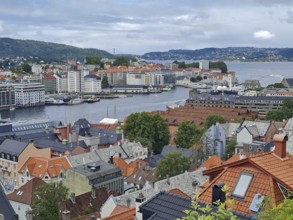 View of the city of Bergen with red roofs, a harbor and surrounding mountains under cloudy sky,