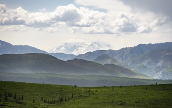 Tundra and glaciated peak of Denali or Mount McKinley, Alaska Range mountainous landscape, Denali