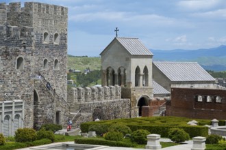 Historic castle with tower and garden in front of a mountainous landscape under cloudy sky, Rabati