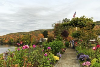 Flower bridge, Bridge of Flowers, bridge over Deerfield River, gardens, riverscape, walkers, autumn