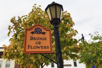 Flower Bridge, Bridge of Flowers, Sign on Lantern, Garden, Mohawk Trail Scenic Road, Former Trade