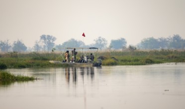 Tourist boat, tourists taking pictures of elephants, Xakanaxa Lagoon, Okavango Delta, Moremi Game