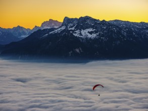 Paragliding flies over a sea of fog, behind Berchtesgaden Alps, Gaisberg, Salzburg, Salzburger