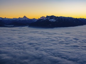 Dusk in the mountains, in the Fog Sea Valley, Berchtesgaden Alps with Watzmann, Hochkalter and