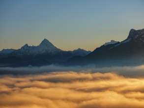 Watzmann and Untersberg over the sea of fog in the evening light, Berchtesgaden, Berchtesgadener