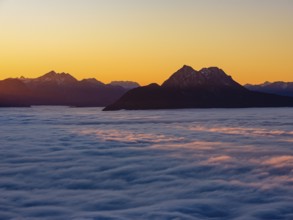 Sunset in the mountains, in the Fog Sea valley, Chiemgau Alps, Upper Bavaria, Bavaria, Germany