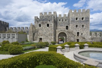 Historic stone fortress with round tower, well-kept garden and round fountain, Rabati fortress,
